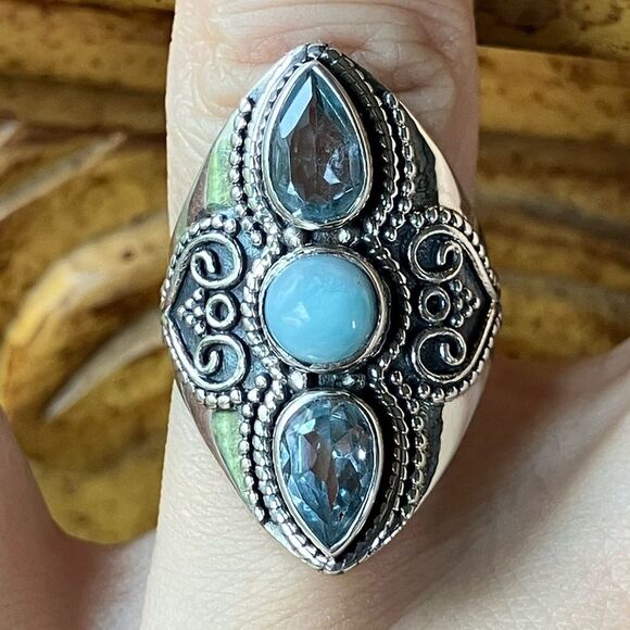 Sky Blue Topaz Larimar Sterling Silver Cocktail Ring Size 7